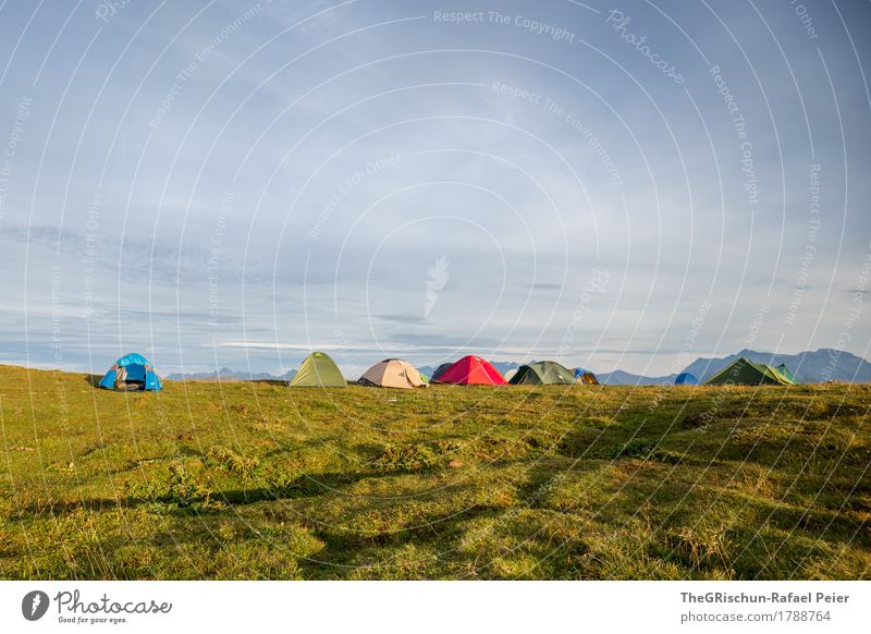 tent Environment Nature Landscape Blue Brown Gray Green Red Tent Exterior shot Accommodation Sleep Mountain Clouds Grass Vantage point Panorama (View) Tent camp