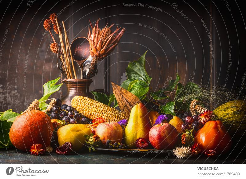 Various autumn fruits and vegetables on the kitchen table Food Vegetable Fruit Apple Grain Nutrition Organic produce Vegetarian diet Diet Crockery Style Design