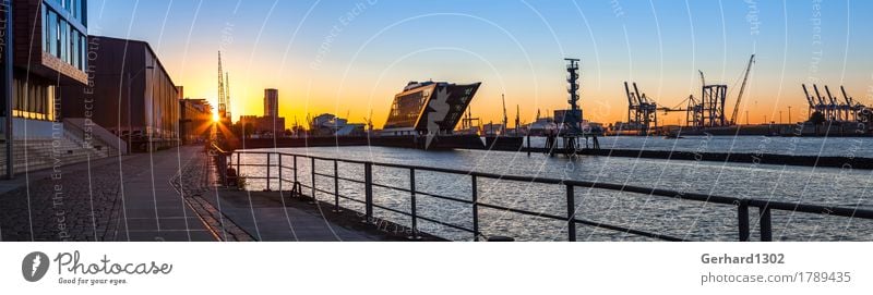 Panorama of the port of Hamburg in the back light of the morning sun Leisure and hobbies Vacation & Travel Sightseeing City trip Water Sunrise Sunset Sunlight