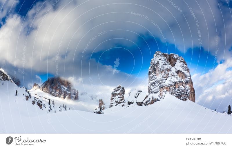 Dolomiti, Italy: the beautiful famous 5 Torri Cortina Winter Snow Mountain Landscape Clouds Alps Peak Glacier Blue White cloudscape cortina dolomiti Europe