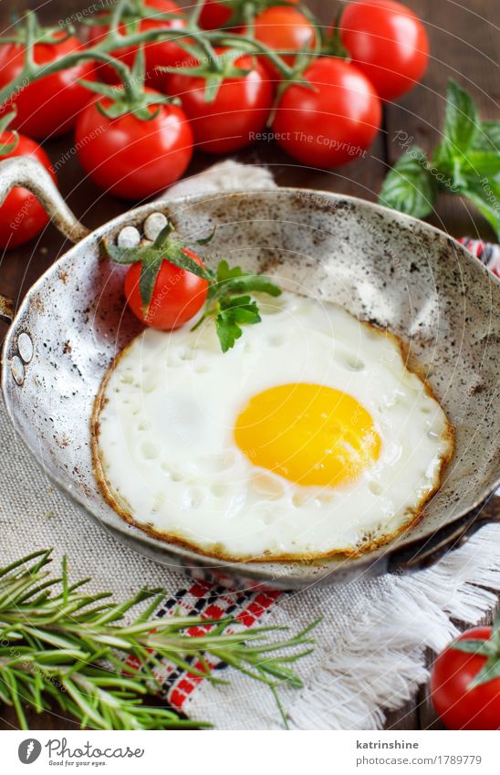 Fried egg with tomatoes and herbs Vegetable Eating Breakfast Dinner Pan Table Wood Fresh Yellow Green Red Cholesterol Frying Meal Protein Rustic Unhealthy
