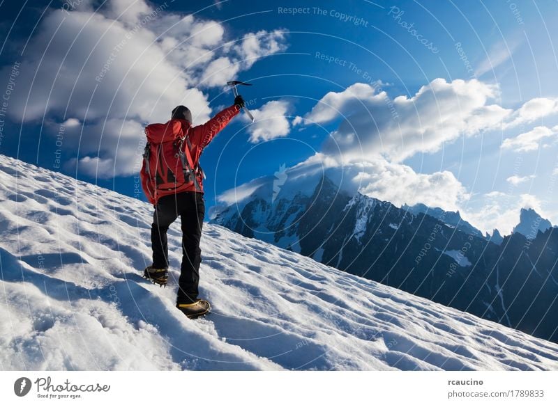 Mountaineer walking uphill on a glacier. Mont Blanc, France. Adventure Expedition Winter Snow Climbing Mountaineering Success Human being Boy (child) Man Adults