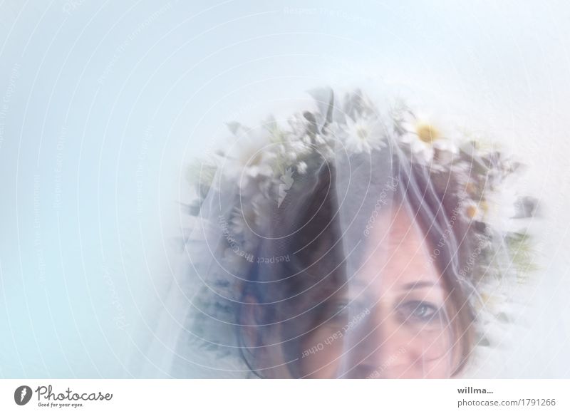 Happy bride with veil and wreath Bride Face Bridal veil Flower wreath Vail Wedding Feminine Woman Adults Delicate Looking into the camera Pastel tone Mysterious