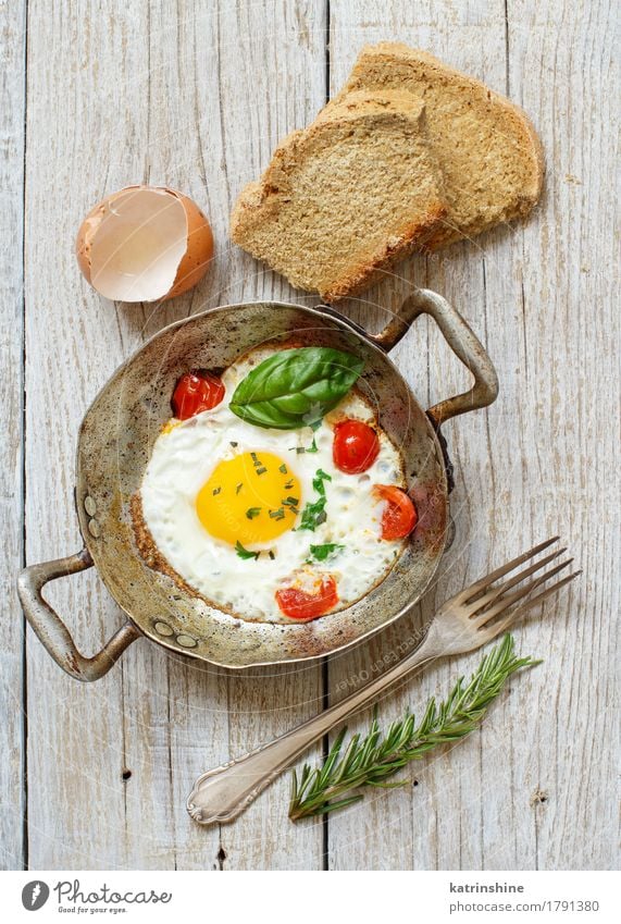 Fried egg with tomatoes, homemade bread and herbs Food Dairy Products Vegetable Bread Breakfast Dinner Pan Wood Fresh Yellow Green Red Cholesterol Eggshell