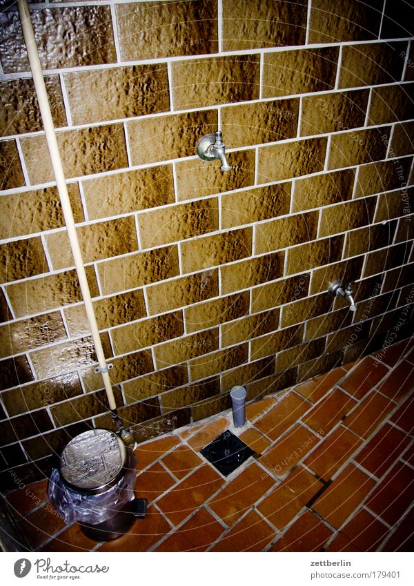 shower house Tile wall tiles Washhouse Shower (Installation) Shower room Body care tools Clean Tap Water Hostel Camping site Interior design Trash