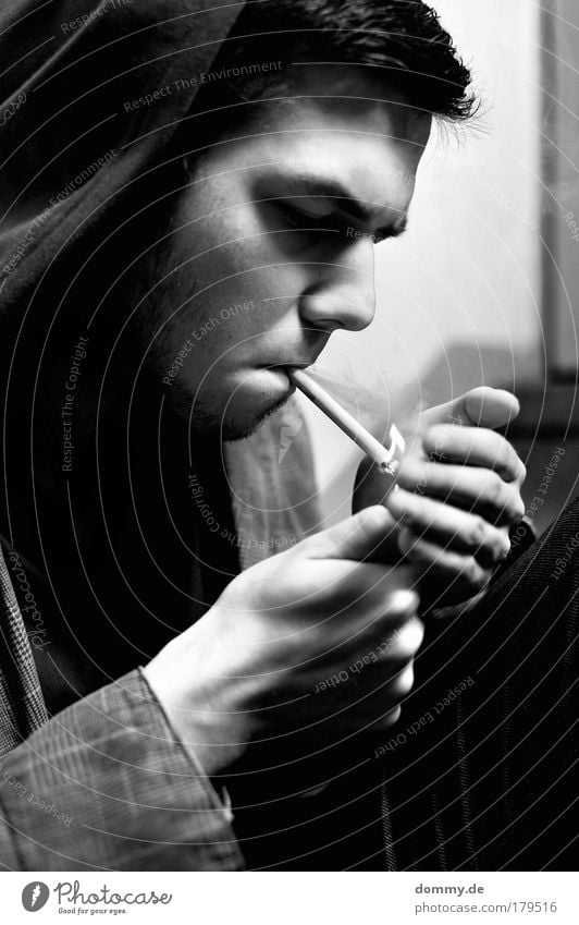 coffin nail Black & white photo Detail Artificial light Shadow Contrast Deep depth of field Central perspective Portrait photograph Downward Smoking Night life