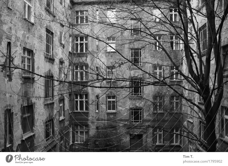 Backyard Berlin Prenzlauer Berg Town Capital city Downtown Old town Facade Window Senior citizen Stagnating Courtyard Black & white photo Exterior shot Deserted