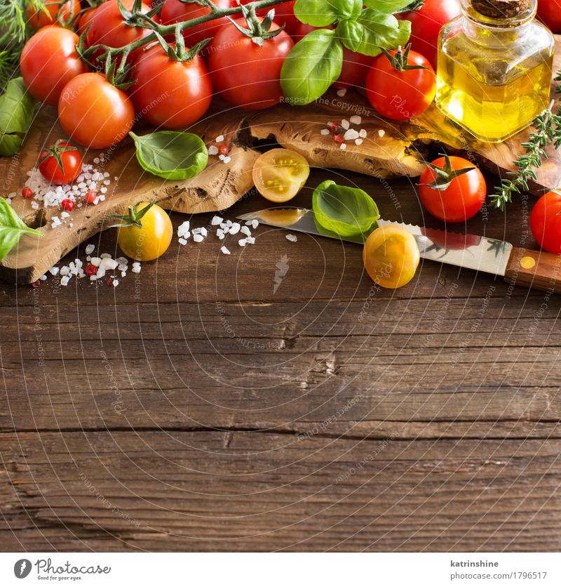 Cherry tomatoes, basil and olive oil Food Vegetable Herbs and spices Vegetarian diet Diet Bottle Fresh Healthy Bright Natural Brown Green Red cook cooking empty