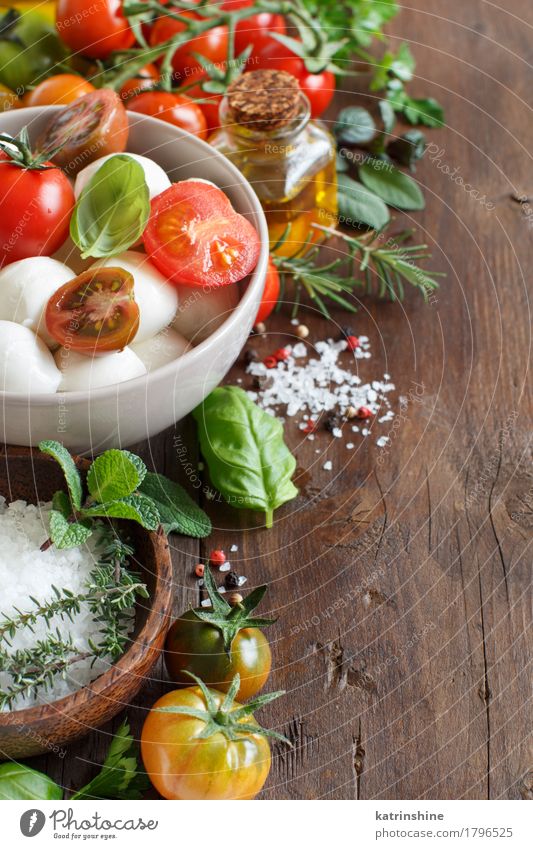 Italian ingridients for caprese salad Cheese Vegetable Herbs and spices Cooking oil Vegetarian diet Diet Italian Food Bowl Bottle Fresh Healthy Bright Natural