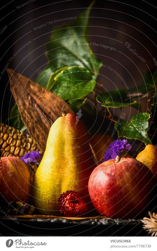 Autumn fruits on a dark rustic kitchen table Food Fruit Nutrition Organic produce Vegetarian diet Style Design Healthy Eating Life Table Vintage Still Life Pear