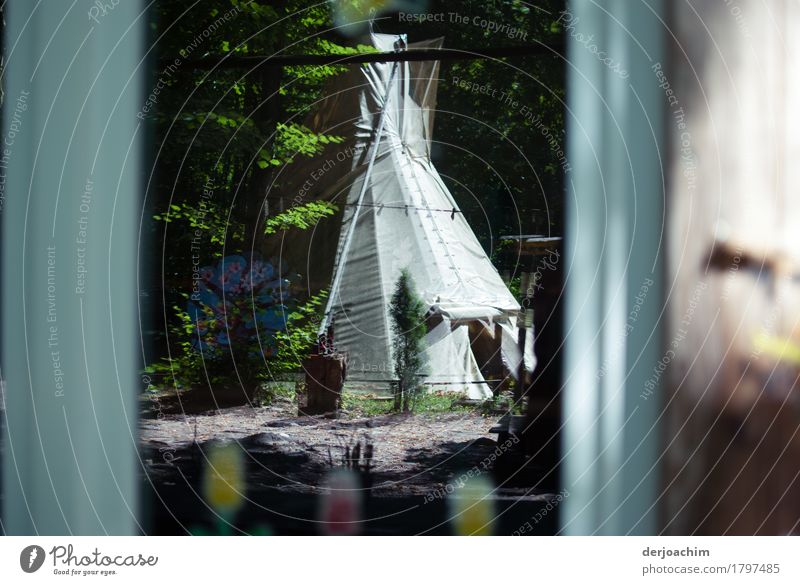 The tent from the forest kindergarten as reflection in a window pane. Joy Harmonious Tent Nature Autumn Beautiful weather Tree Forest Franconia Germany Village