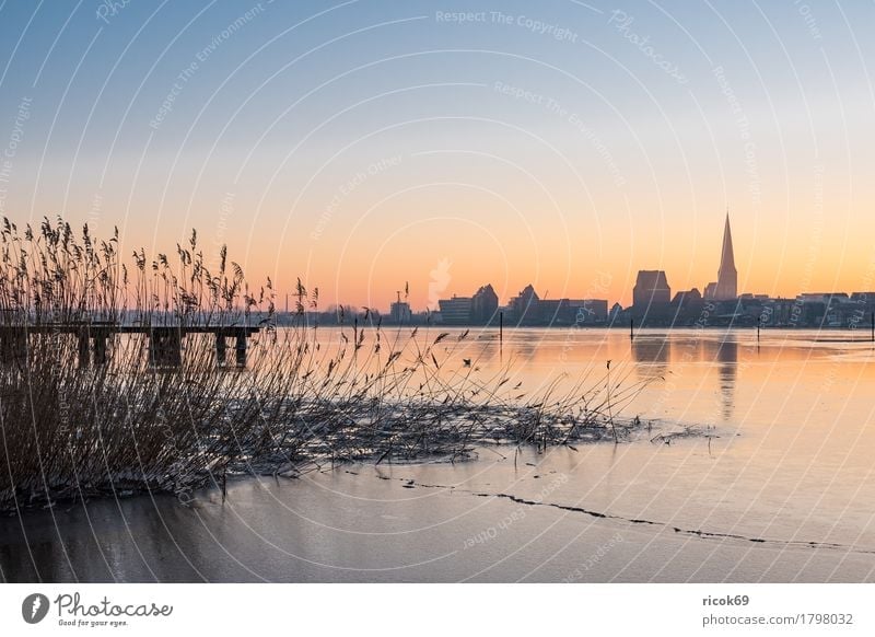 View over the Warnow to Rostock in winter Vacation & Travel Tourism Winter Nature Landscape Water Weather River bank Town Building Architecture
