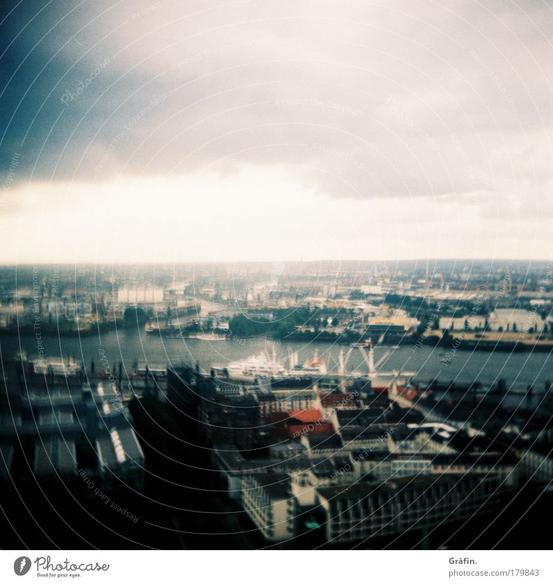 It was just too windy... Colour photo Exterior shot Lomography Copy Space top Day Low-key Bird's-eye view Clouds Bad weather Wind Rain Hamburg Port City Skyline