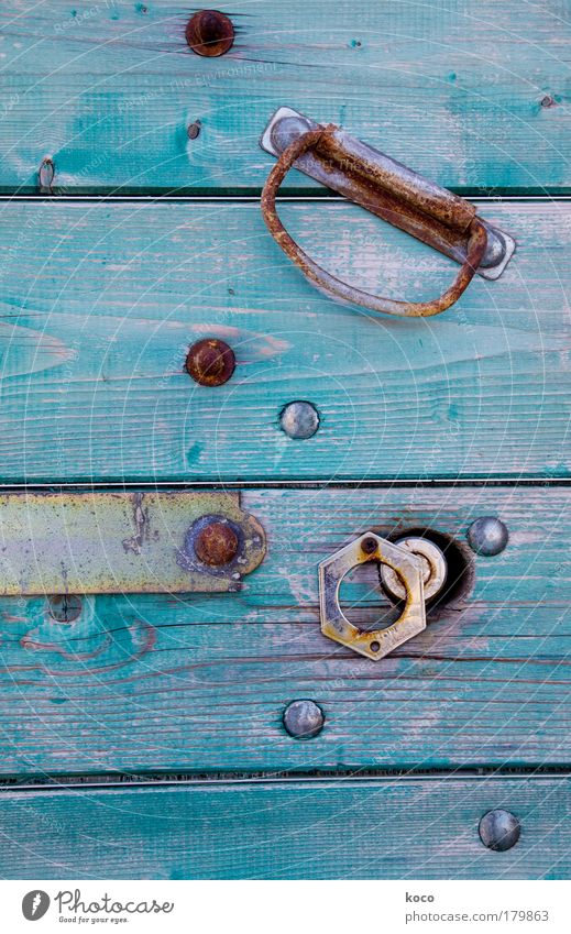 YAMANGA Colour photo Detail Deserted Village Old town House (Residential Structure) Door Wood Metal Steel Rust Esthetic Blue Gold Green Day