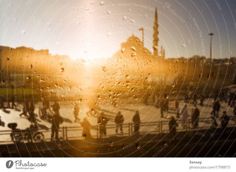 the mosque is reflected in the window. Landscape Rain Town Building Drop Yellow Islam the religion the sun East Asia turkey Istanbul Jetty promenade Ray