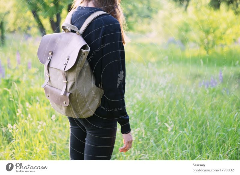 Young woman hiking in the park with backpack Happy Beautiful Trip Summer Sun Hiking School Human being Girl Woman Adults Youth (Young adults) Nature Park Street