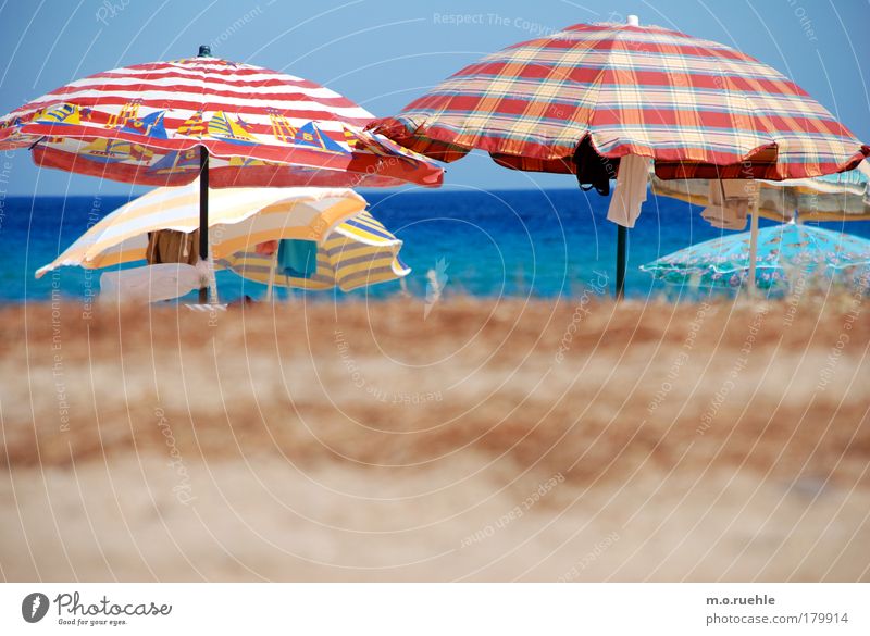 with colourful umbrellas Colour photo Exterior shot Deserted Light Deep depth of field Central perspective Sand Water Sky Cloudless sky Summer Beach Ocean