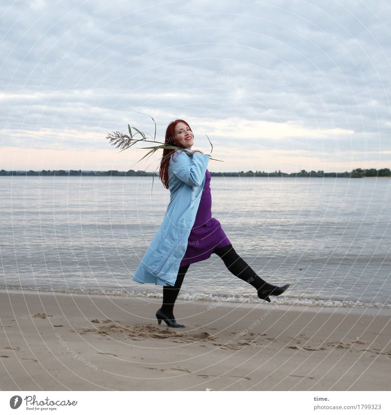 . Feminine 1 Human being Actor Dance Landscape Plant Coast River bank Beach Dress Coat Red-haired Long-haired Observe Going Laughter Looking Beautiful Happiness