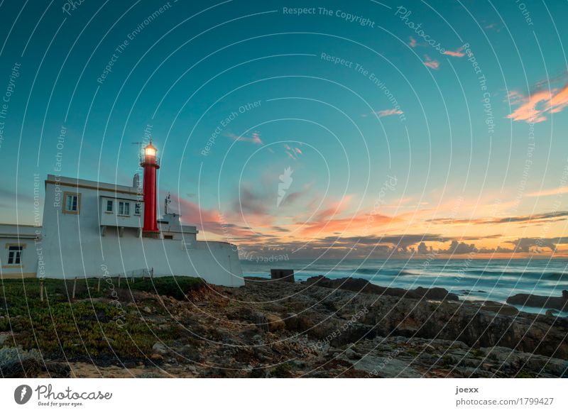 Farol do Cabo Raso Vacation & Travel Summer vacation Sky Clouds Rock Ocean House (Residential Structure) Lighthouse Historic Maritime Retro Blue Orange Pink Red