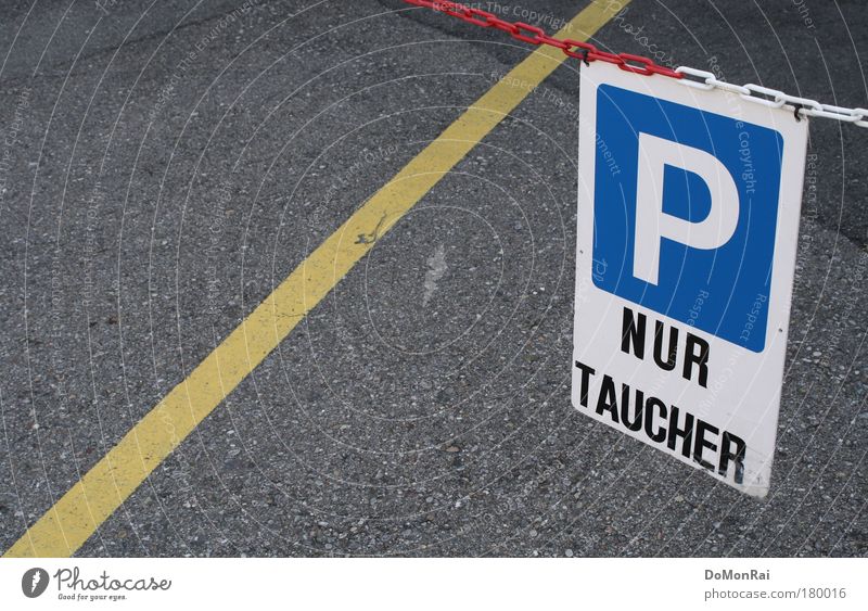 /P Dive Parking lot Characters Signs and labeling Signage Warning sign Road sign Hang Blue Yellow Gray White Claustrophobia Mistrust Caution Chain Clue