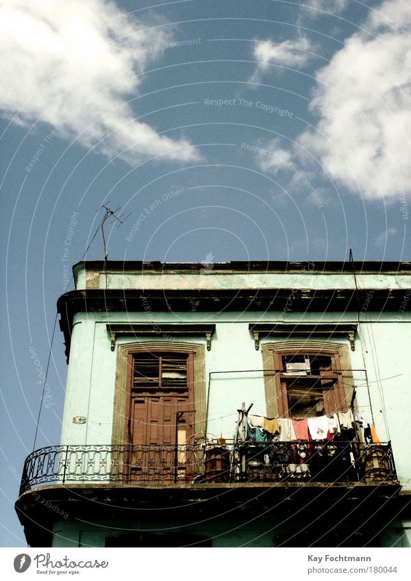 cuba Summer House (Residential Structure) Clouds Facade Balcony Window Antenna Old Blue Colour photo Multicoloured Exterior shot Deserted Copy Space top Day