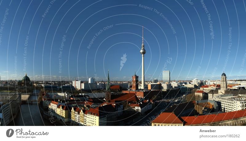 Panorama Berlin-Mitte with television tower at Alexanderplatz Exterior shot Aerial photograph Copy Space top Evening Contrast Silhouette Sunlight