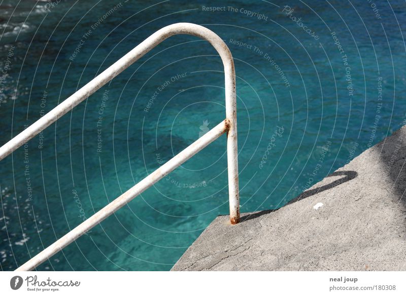 rock pool Colour photo Deserted Vacation & Travel Water Ocean Swimming pool Banister Concrete Metal Bright Warmth Blue Green Joie de vivre (Vitality)