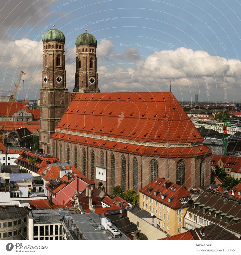 Munich Frauenkirche Colour photo Multicoloured Exterior shot Aerial photograph Copy Space top Day Light Silhouette Sunlight Bird's-eye view Central perspective