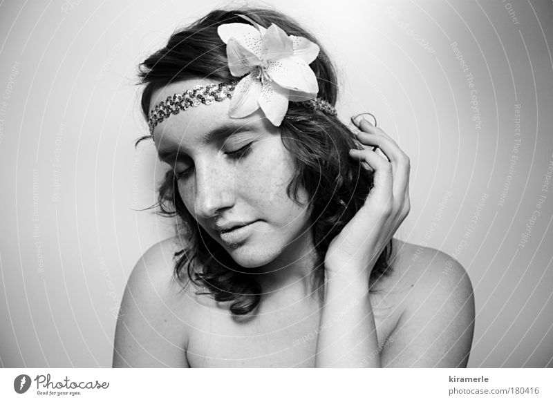 now I feel it too Black & white photo Central perspective Closed eyes Young woman Youth (Young adults) Artificial flowers headband Curl Think Dream Infinity