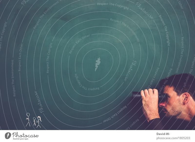 Spy searches for people with binoculars Man espionage Binoculars persons Human being Looking Observe Young man Curiosity Voyeurism through glass Transparent
