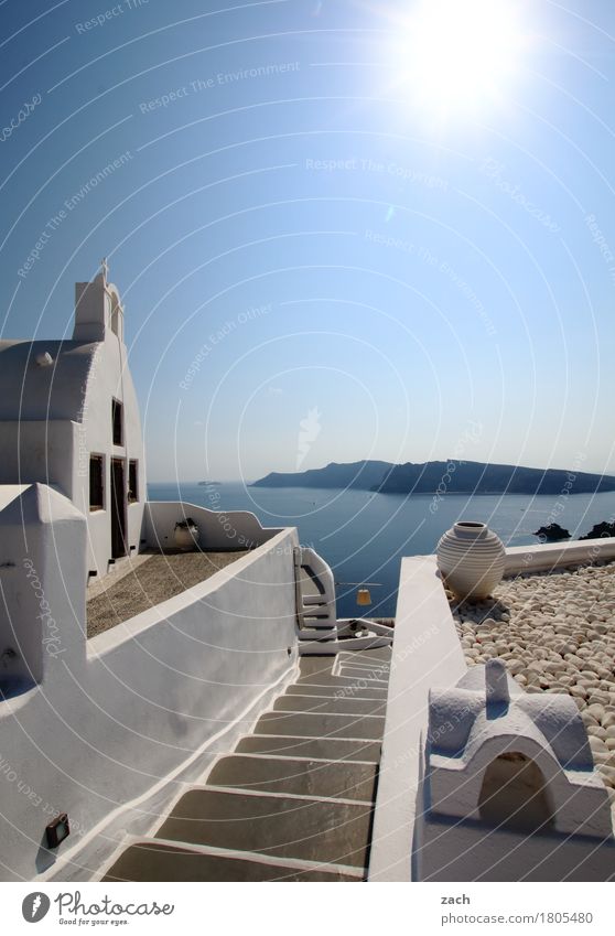 View beyond the rim of the plate Cloudless sky Beautiful weather Hill Coast Ocean Mediterranean sea Aegean Sea Island Cyclades Santorini Thirassia Caldera Oia