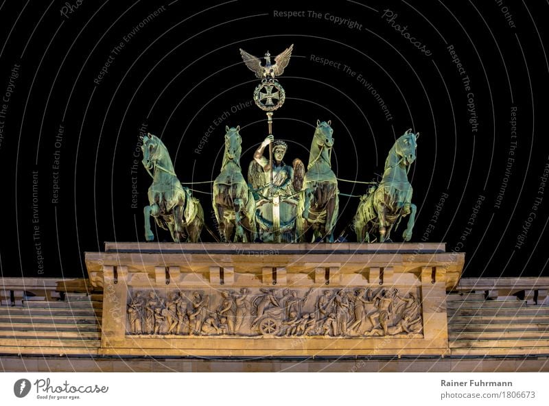 the Quadriga at the Brandenburg Gate in Berlin Art Work of art Sculpture Architecture "Bronze Gate" Town Capital city Manmade structures War Might "Freedom