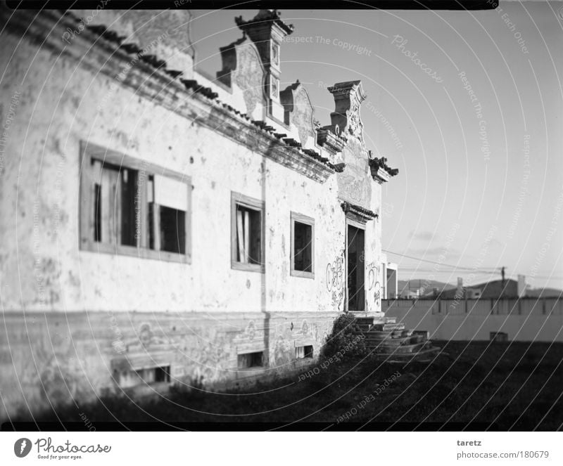 Past splendour Living or residing House (Residential Structure) Portugal Village Deserted Detached house Ruin Wall (barrier) Wall (building) Stairs Facade Door