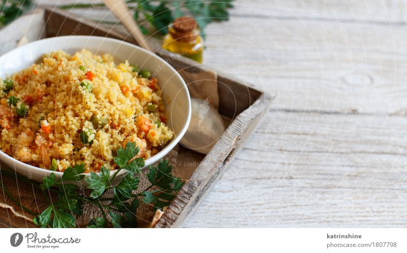 Couscous with shrimps and vegetables Seafood Vegetable Grain Dough Baked goods Lunch Dinner Bowl Brown Yellow Tradition Africa african Algerian Arabia Cooking