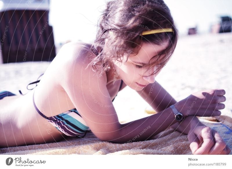 Day at the sea Colour photo Subdued colour Exterior shot Shallow depth of field Portrait photograph Upper body Downward Beautiful Wellness Relaxation Cure