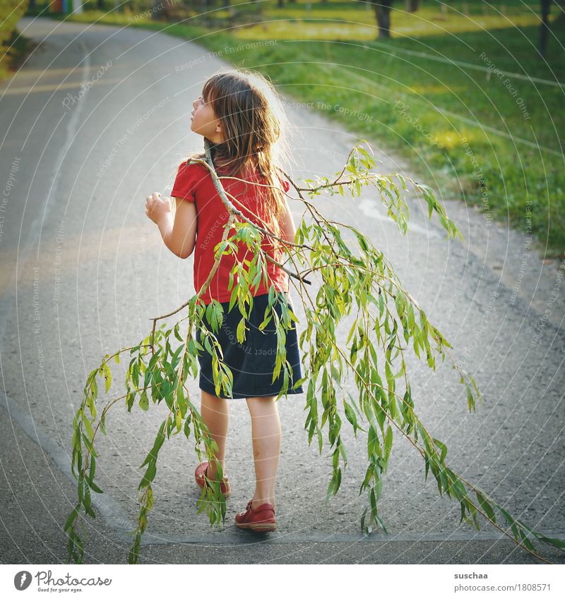girl who carries a branch for a walk | chamois brawn Child Infancy Summer Street Walking Branch flaked To go for a walk Promenade Trip Parenting Freedom