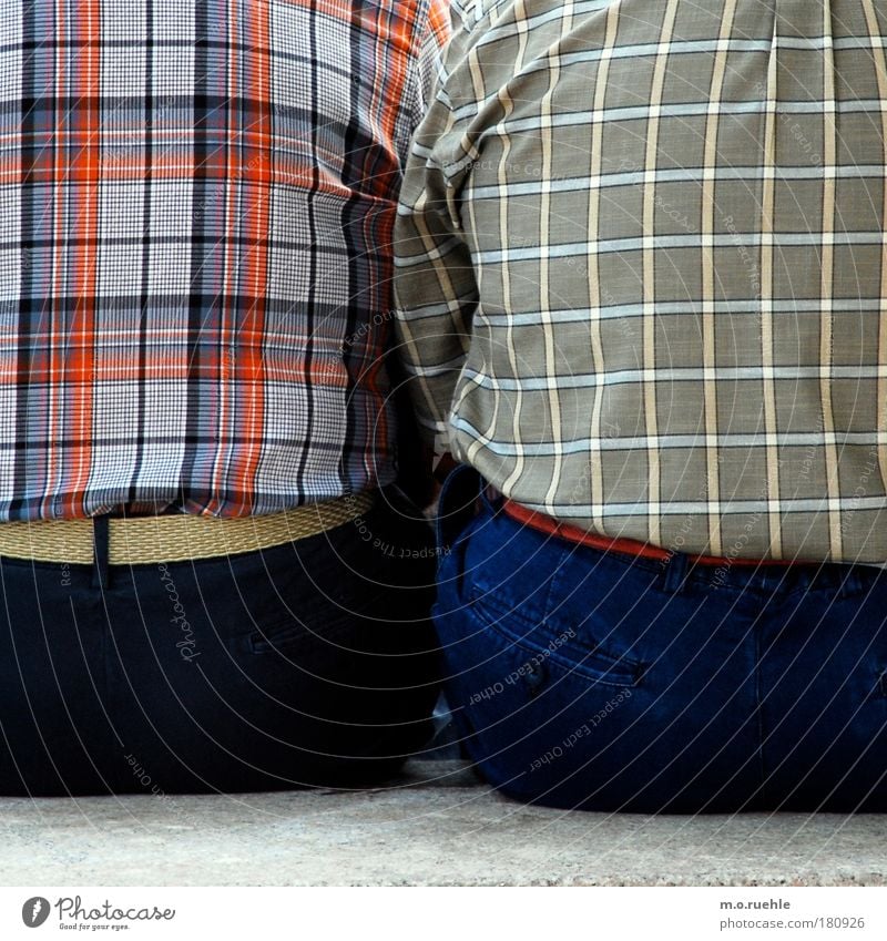 chequered Colour photo Exterior shot Detail Pattern Structures and shapes Copy Space bottom Day Contrast Upper body Rear view Looking away Human being Masculine