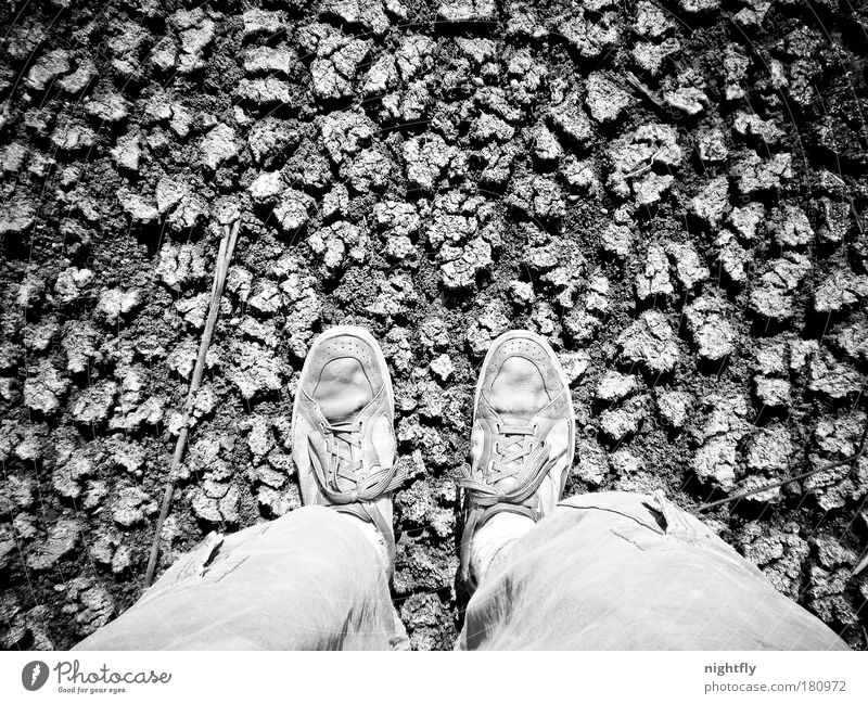 looking down Black & white photo Detail Pattern Structures and shapes Day Contrast Bird's-eye view Earth Sand Climate change Drought Desert Footwear Sneakers