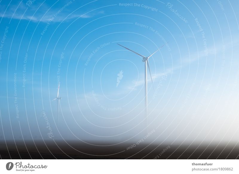 Wind turbines in fog Energy industry Advancement High-tech Renewable energy Wind energy plant Environment Nature Landscape Sky Sunrise Climate Climate change