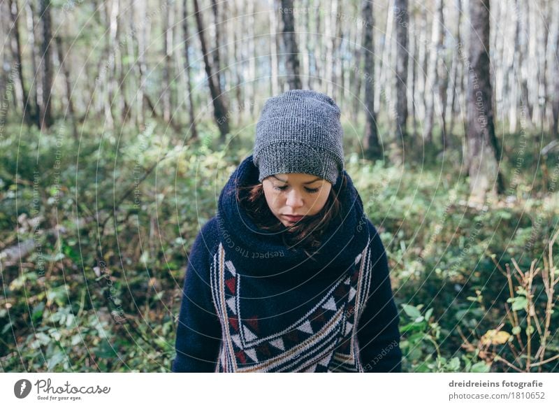 In the birch forest Style Feminine Young woman Youth (Young adults) Birch wood Forest Wool jacket Scarf Cap Freeze Cold Emotions Moody Sadness Concern Grief
