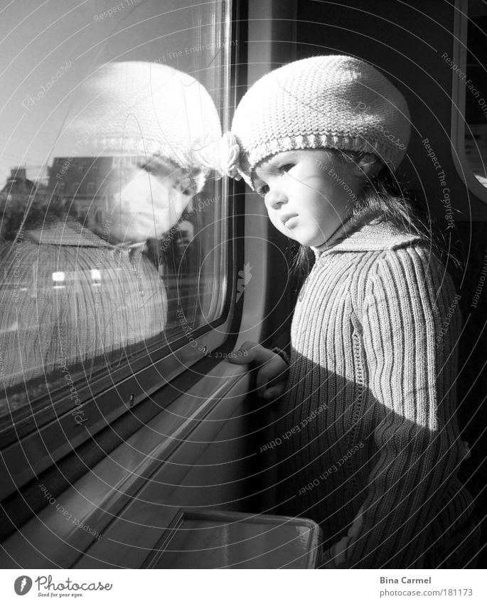 A moment of pearl Black & white photo Interior shot Day Portrait photograph Upper body Looking away Girl Infancy 1 Human being 3 - 8 years Child Commuter trains