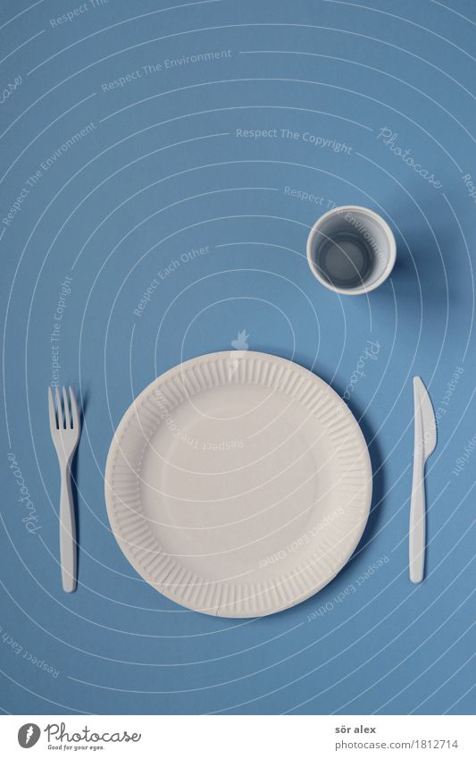 single-handedly Nutrition Lunch Dinner Crockery Plate Mug Cutlery Knives Fork Feasts & Celebrations Blue White Appetite Loneliness paper plates Expressionless