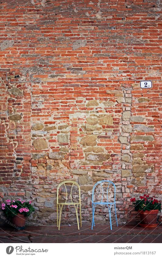 two Art Esthetic Chair Backrest Row of chairs Group of chairs Mediterranean 2 Brick wall Pattern Together Flower Italy Vacation photo Empty Seat Sit Seating