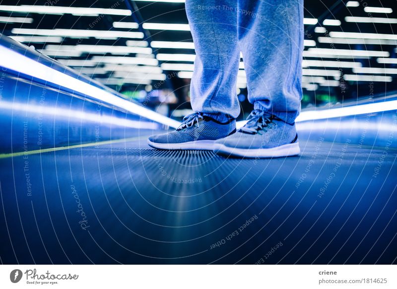 Close up of sneakers standing on escalator at night with lights Lifestyle Style Airport Transport Departure lounge Escalator Fashion Footwear Sneakers Movement