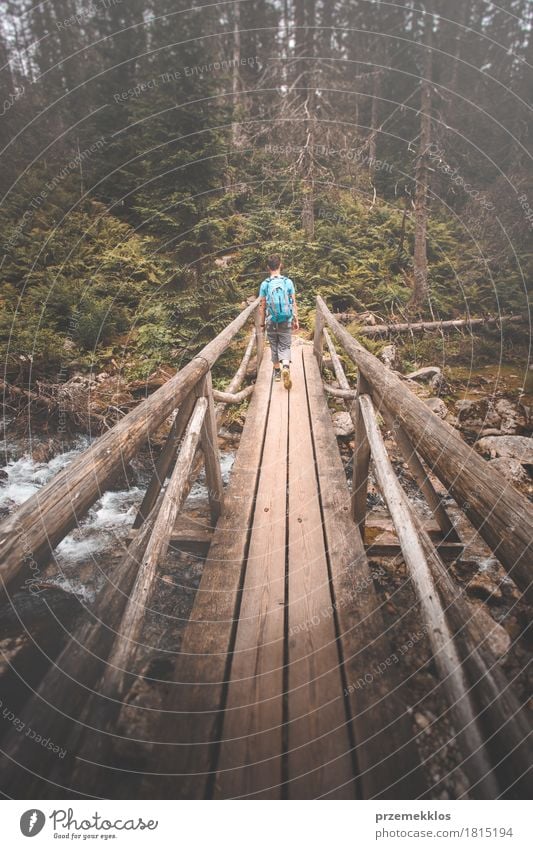 Boy going across wooden bridge over mountain river Lifestyle Vacation & Travel Adventure Freedom Summer Mountain Hiking Boy (child) 1 Human being Bridge