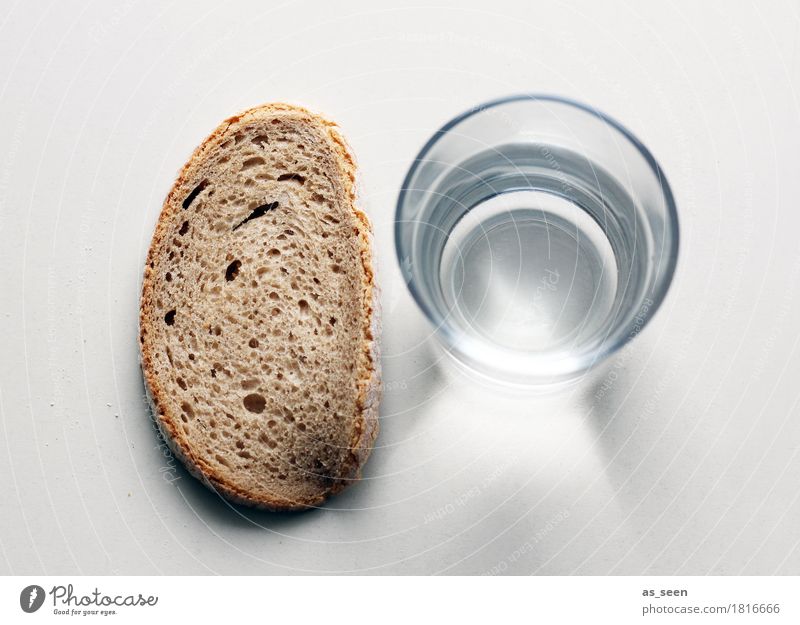 Water and bread Food Bread Nutrition Vegetarian diet Diet Fasting Beverage Tumbler Mineral water Glass Calm fasting Lie Stand Authentic Simple Brown Orderliness