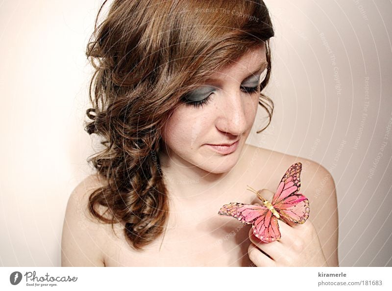 dreams of you and me Colour photo Central perspective Looking away Feminine Young woman Youth (Young adults) 1 Human being Brunette Red-haired Curl Butterfly