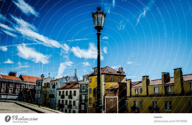 Lisbon VI Sky Clouds Multicoloured Blue Street lighting Town Facade House (Residential Structure) Places Paving stone Cobblestones Vacation & Travel Roof Yellow