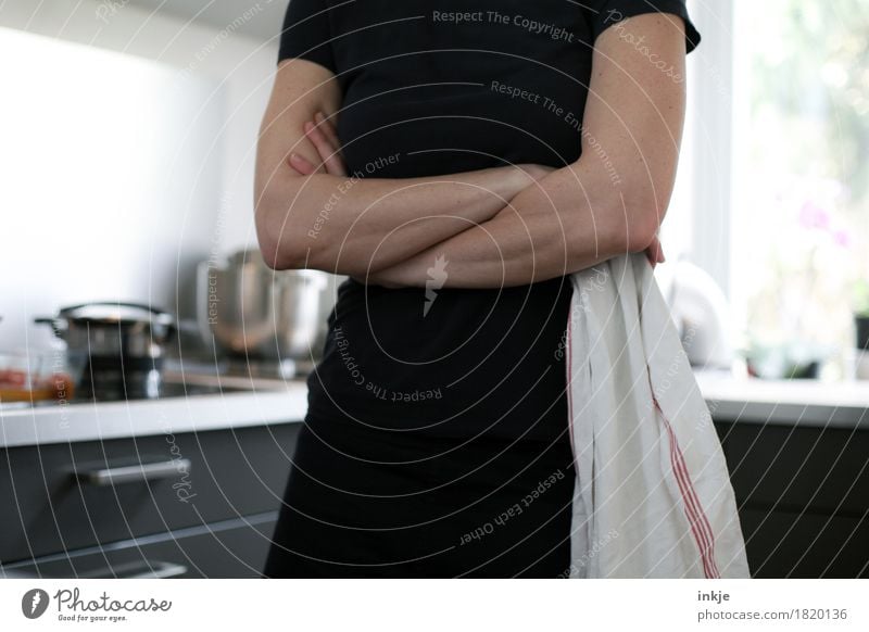 gaggled-armed woman in the kitchen Lifestyle Living or residing cake Housewife Woman Adults Mother Body sleeves 1 Human being 30 - 45 years Dish towel Stand