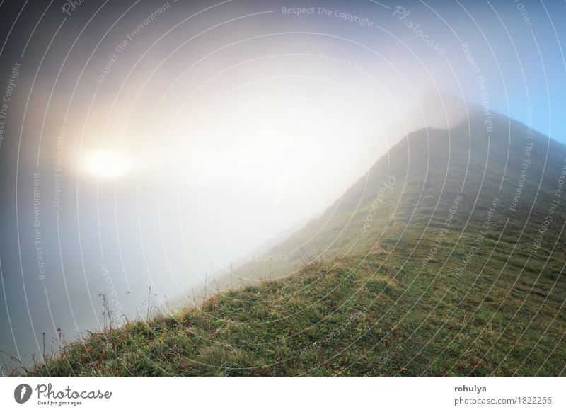 mountain peak in fog at sunrise, Alps, Germany Sun Mountain Climbing Mountaineering Nature Landscape Fog Grass Meadow Rock Lanes & trails Serene Top Alpine